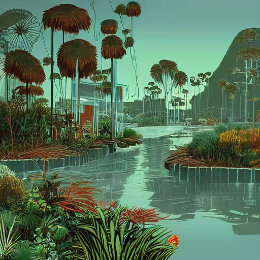 Image similar to beautiful happy picturesque charming organic futuristic sci - fi town in harmony with nature. water and plants. beautiful light. grainy and rough. soft colour scheme. beautiful artistic vector graphic design printed matter by lurid. ( 2 0 2 2 )