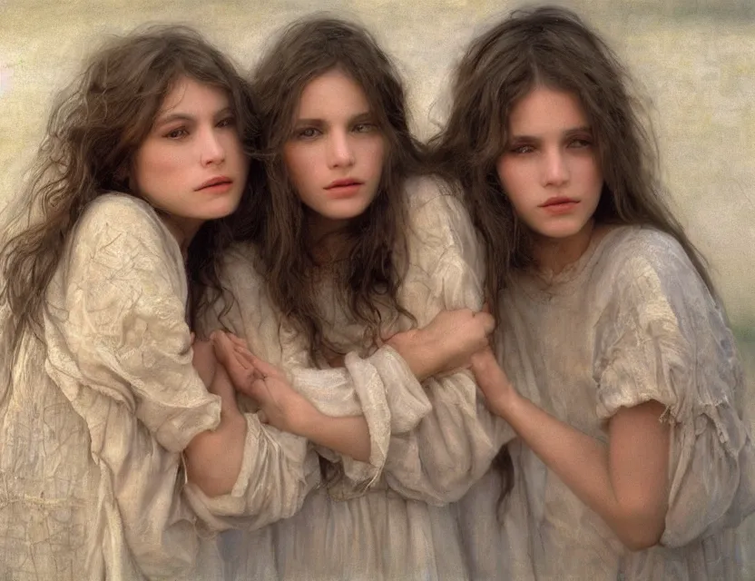 Prompt: beautiful peasant sisters with long hair, cottage core, cinematic focus, polaroid photo bleached vintage pastel colors high - key lighting, soft light, foggy, by steve hanks, by lisa yuskavage, by serov valentin, by tarkovsky, 8 k render, detailed, oil on canvas