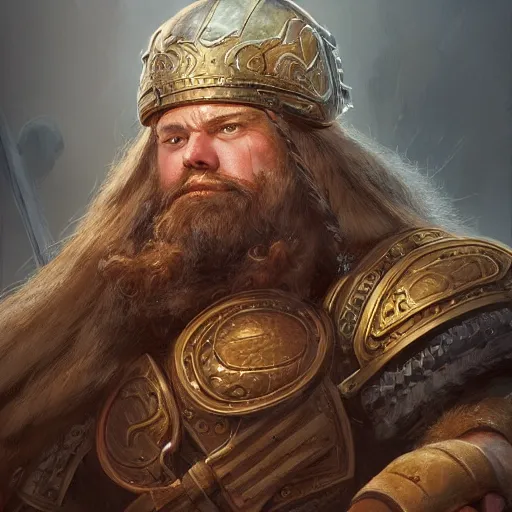 Prompt: a detailed portrait of a long beard holy dwarf cleric with a long braided beard holding a giant shield, wearing a helmet, by justin gerard and greg rutkowski, digital art, realistic painting, dnd, character design, trending on artstation