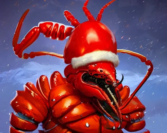 Prompt: anthropomorphic lobster wearing a santa costume, christmas themed background, lobster claws, by greg rutkowski and frank frazetta, intricate, artstation, vibrant, cinematic, style of magic : the gathering