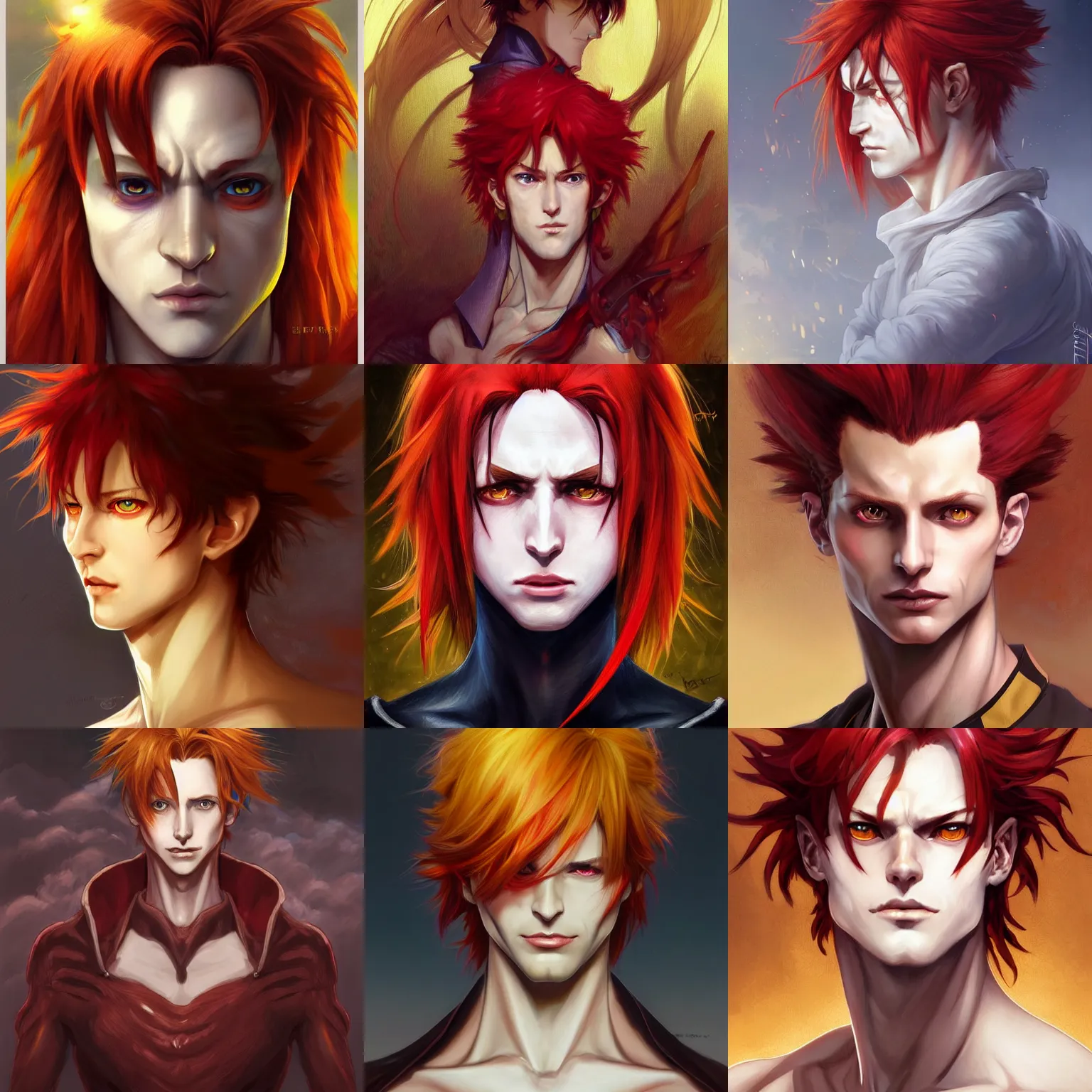 Image similar to portrait of hisoka morow hunter hunter, male, sharp jaw yellow eyes narrow sultry eyes red hair soft hair swept back crimson medium length hair, anime, fantasy, intricate, elegant, highly detailed, digital painting, artstation, concept art, matte, sharp focus, illustration, art by artgerm and greg rutkowski and alphonse mucha