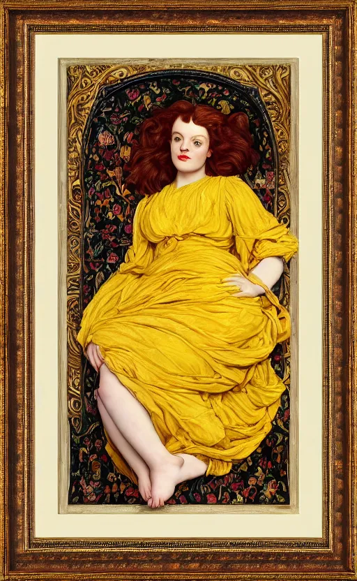 Image similar to preraphaelite full body reclining portrait photography masterpiece hybrid of judy garland and florence welch, brown hair fringe, yellow ochre ornate medieval dress, kilian eng and william holman hunt, frederic leighton, ford madox brown, william morris, framed, 4 k