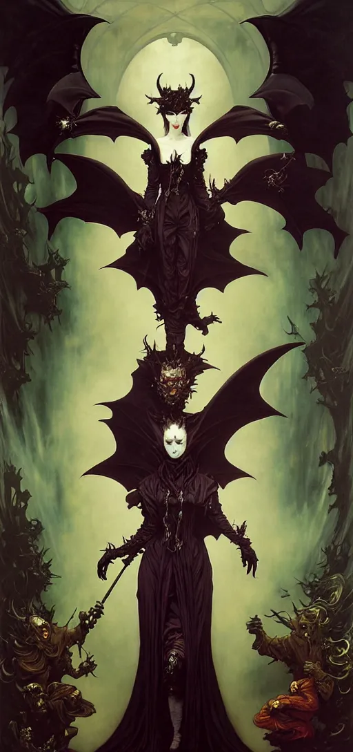 Image similar to baroque oil painting of vampire queen in gothic robes with bat wings, by nekro, peter mohrbacher, alphonse mucha, brian froud, yoshitaka amano, kim keever, victo ngai, james jean