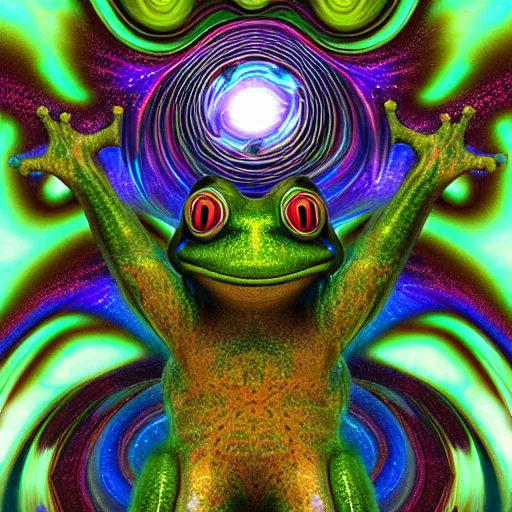 Image similar to time wizard frog warps time and space, surreal, bizarre, trippy, fractal, digital art, cosmic, 8 k