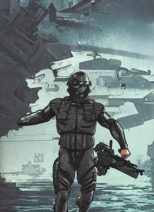 Prompt: bruce wayne. USN blackops operator emerging from water at the shoreline. Operator wearing Futuristic cyberpunk tactical wetsuit and looking at an abandoned shipyard. Frogtrooper. rb6s, MGS, and splinter cell Concept art by James Gurney, Alphonso Mucha. Vivid color scheme.