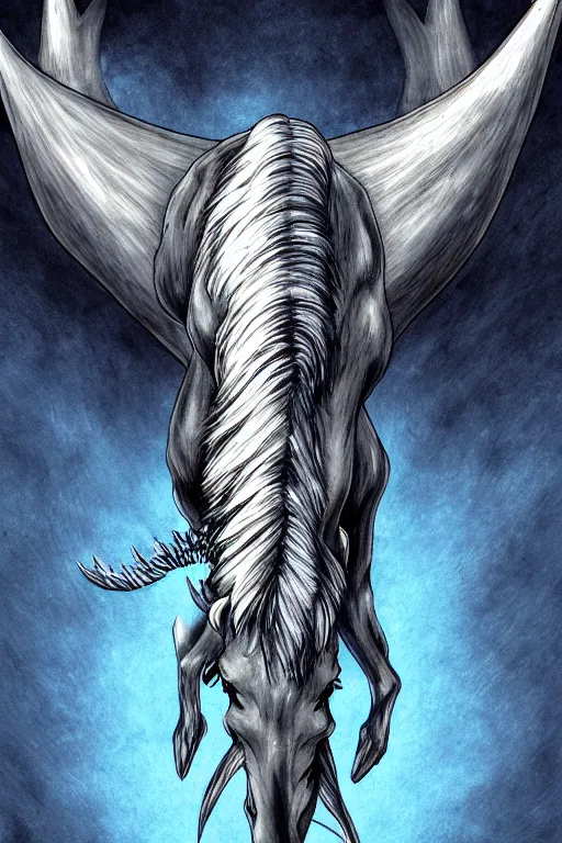Prompt: demon horse with a narwhal horn, symmetrical, highly detailed, digital art, sharp focus, trending on art station, kentaro miura manga art style