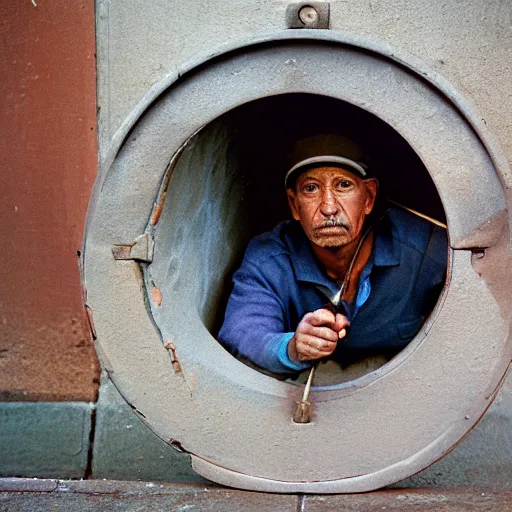 Prompt: closeup portrait of a man with a fishing rod fishing at a manhole in a new york street , by Annie Leibovitz and Steve McCurry, natural light, detailed face, CANON Eos C300, ƒ1.8, 35mm, 8K, medium-format print