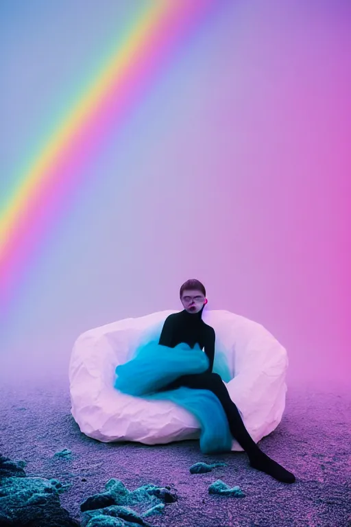 Prompt: high quality pastel coloured film photograph of a model wearing clothing resting on cloud furniture in a icelandic black rock environment in a partially haze filled dreamstate world. three point light, rainbow. photographic production. art directed. pastel colours. volumetric clouds. pastel gradient overlay. waves glitch artefacts. extreme facial clarity. 8 k. filmic.