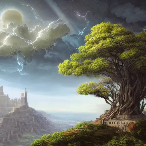 Prompt: gigantic tree on a cliff with ancient city below, above is astral world by quentin mabille