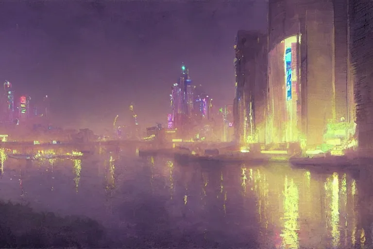 Image similar to Kyiv on Dnieper river, neon lighting, night city, digital art from artstation by Ruan Jia and Mandy Jurgens and Artgerm and william-adolphe bouguereau and Greg Rutkowski and Wayne Barlowe