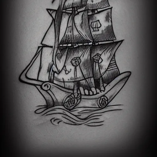 Image similar to realism tattoo design sketch of a pirate ship, in the style of Sivak