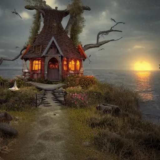 Image similar to a witches house on the ocean, epic scene, fantasy, redshift render, cgi, hyper - detailed, photo - bash, 8 k post - production, masterpiece