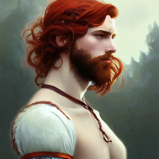 Prompt: portrait of a young curious ranger, male, masculine, upper body, red hair, long hair, soft hair, D&D, fantasy, intricate, elegant, highly detailed, digital painting, artstation, concept art, matte, sharp focus, illustration, art by Artgerm and Greg Rutkowski and Alphonse Mucha