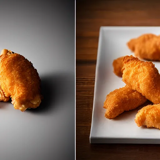 Prompt: photorealistic mcdonalds chicken nugget with rat tail, professional food photography