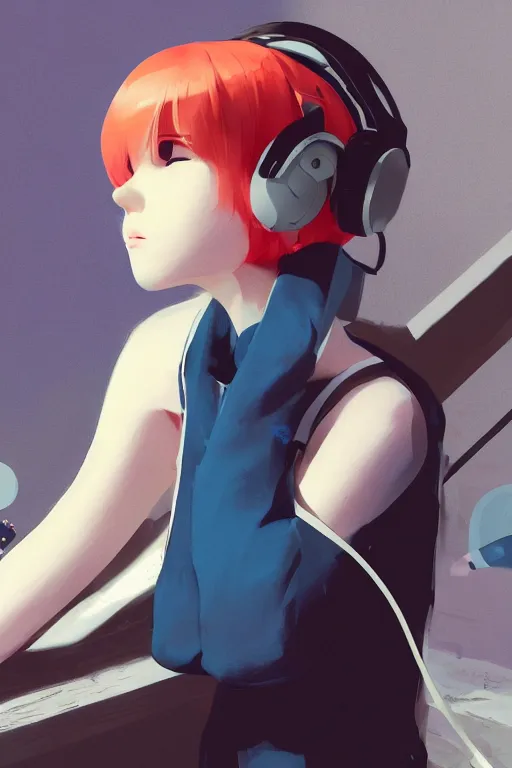 Image similar to a cute young woman listening to music with her eyes closed and wearing headphones by Ilya Kuvshinov, white bob cut hair, freckles, dark thunderclouds in the backround, blue filter, blue and white, vivid colors, soft lighting, cinematic, moody, nier automata, poster, oil on canvas, 8k