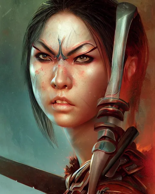 Prompt: a portrait of a fit female warrior by Ross Tran and Thomas Cole and Wayne Barlowe