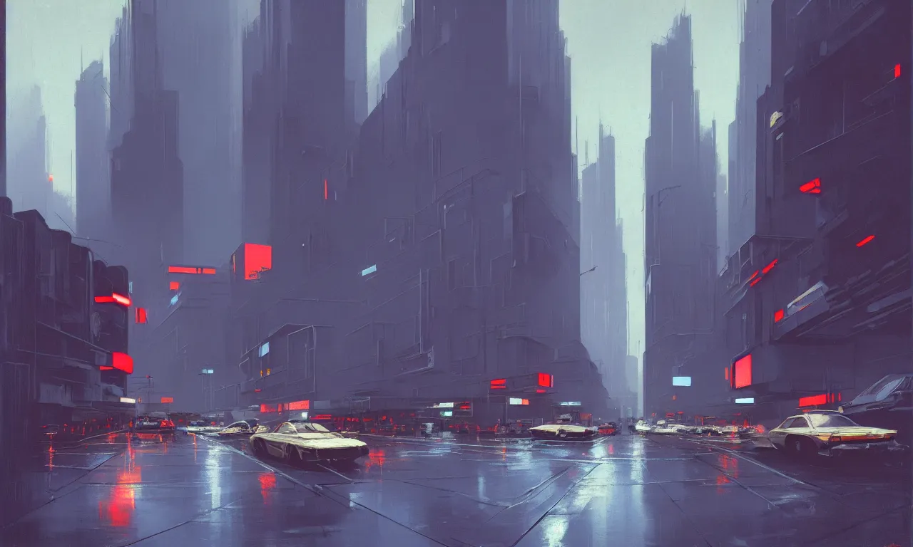 Prompt: streetscape, brutalist buildings, metal, concrete, wet streets, neon lights, neon signs, vehicles, pedestrians, syd mead, ralph mcquarrie, doug chiang, concept art, matte painting, finely detailed, minimal artifacts, rule of thirds, dynamic lighting, cinematic, denoised, centered, artstation