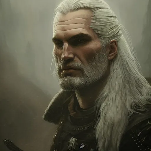 Prompt: geralt of rivia with long beard, close up, portrait, sinister atmospheric lighting. highly detailed painting by greg rutkowski