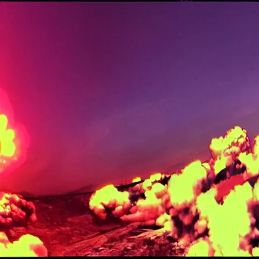 Prompt: combat drone strike war footage, ir, chromatic aberration, broken camera colors, iridescent saturated infrared camera, very high contrast, nuclear cloud, high angle vertical