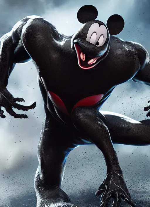 Image similar to Mickey Mouse cast as Venom, still from Marvel movie, hyperrealistic, 8k, Octane Render,