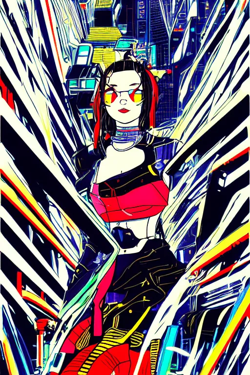 Prompt: futuristic japanese cyberpunk by roy lichtenstein, by ben - day, bladerunner pixiv contest winner, cyberpunk style, cyberpunk color scheme, mechanical, high resolution, hd