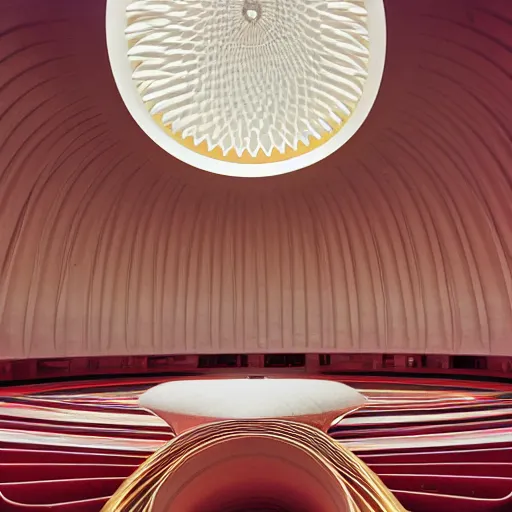 Image similar to interior of a futuristic lotus temple with gold, red and white marble panels, in the desert, by buckminster fuller and syd mead, intricate contemporary architecture, photo journalism, photography, cinematic, national geographic photoshoot