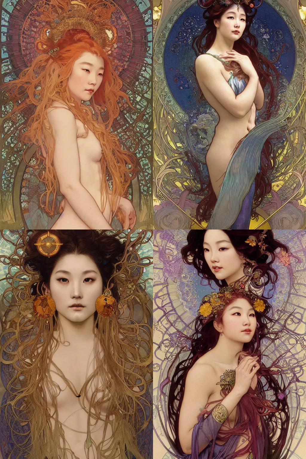 Prompt: stunning, breathtaking, awe-inspiring award-winning realistic concept art face portrait of mermaid Ashley Liao as a goddess of the sun, by Alphonse Mucha, Ayami Kojima, Amano, Charlie Bowater, Karol Bak, Greg Hildebrandt, Jean Delville, and Mark Brooks, Art Nouveau, Neo-Gothic, gothic, rich deep colors, cyberpunk, extremely moody lighting, glowing light and shadow, atmospheric, shadowy, cinematic, 8K