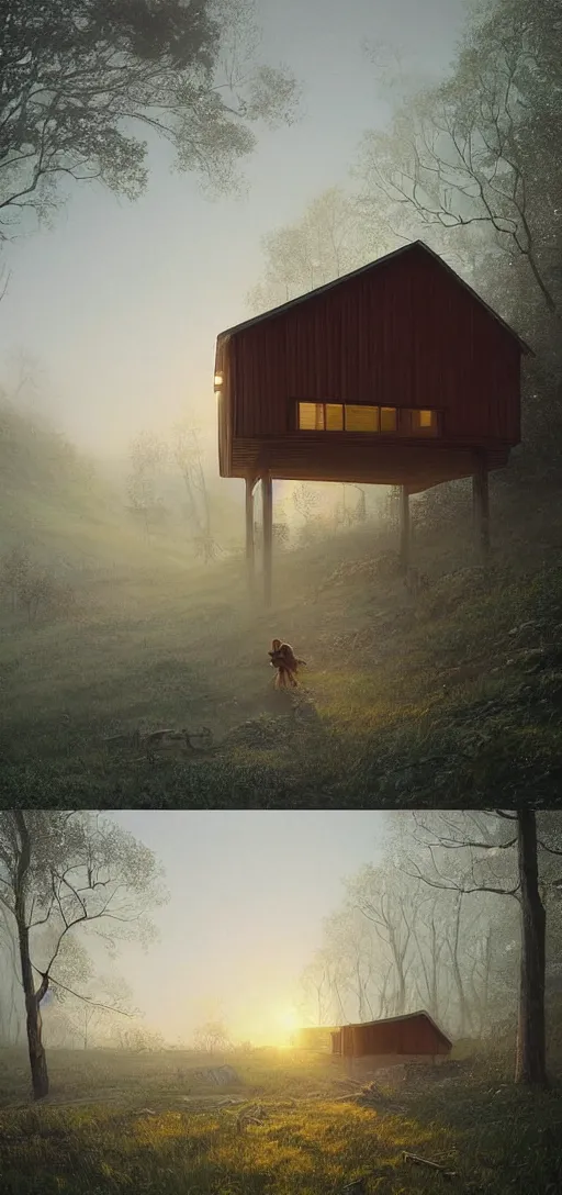 Image similar to a highly detailed epic cinematic concept art CG render digital painting artwork: small family cabin House, modern archetecture, excessove vegetation, foggy, dreamy, golden hour sunset By Greg Rutkowski, in the style of Francis Bacon and Syd Mead and Norman Rockwell and Beksinski, open ceiling, highly detailed, painted by Francis Bacon and Edward Hopper, painted by James Gilleard, surrealism, airbrush, Ilya Kuvshinov, WLOP, Stanley Artgerm, very coherent, triadic color scheme, art by Takato Yamamoto and James Jean