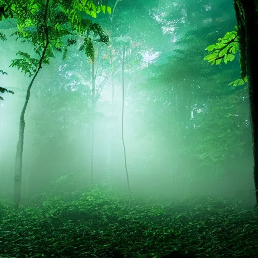 Prompt: a rainforest clearing at night softly lit by neon lights, dim lighting, leaves in foreground, HD, 8k, high resolution, photo,