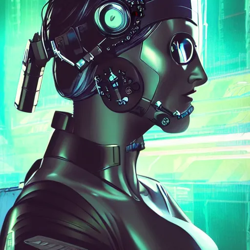 Image similar to A comic book cover of a female cyberpunk mercenary wearing cybernetic sci fi head gear and earpiece in the style of DC Comics, highly detailed, oil on canvas