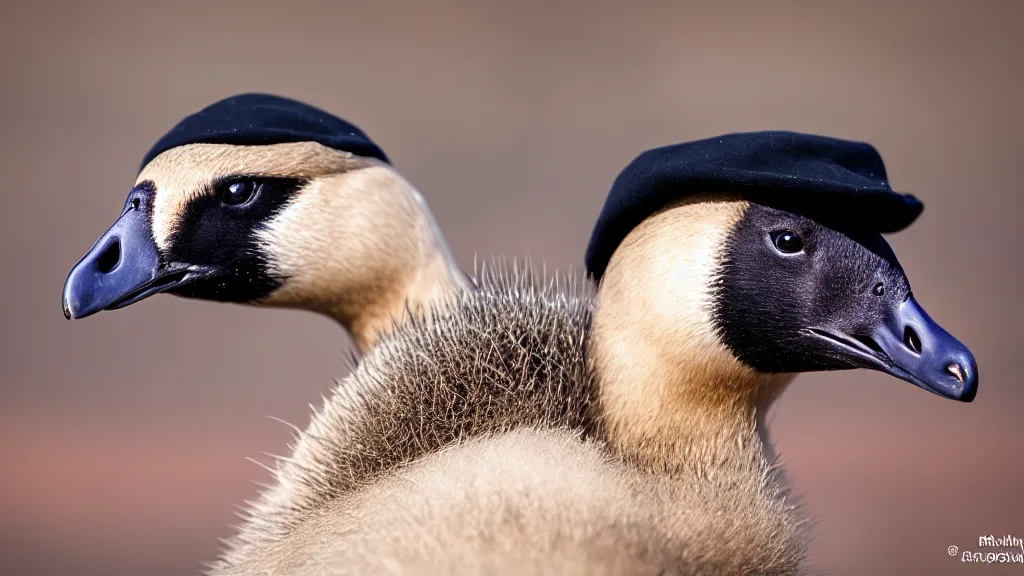 Image similar to Canadian Goose with a funny hat, Portrait Photo, Photorealistic, 100mm lens, Nat Geo Award Winner, 8k, UHD, (((((bokeh)))))