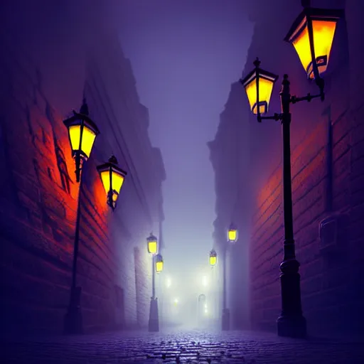 Prompt: curved perspective, extreme narrow, extreme fisheye, digital art of a night foggy street with victorian street lamps over cobblestone floor by anton fadeev from nightmare before christmas