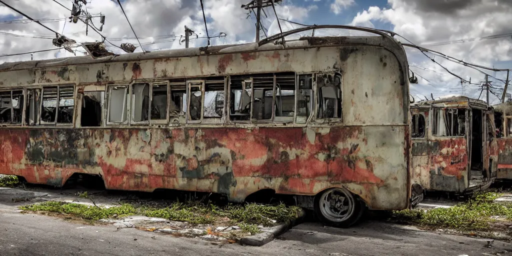 Image similar to low wide angle shot of dilapidated fallout 5 miami, tropical coastal city, desolate, dilapidated neon signs, few rusted retro futuristic vintage parked vehicles like cars, buses, trucks, trams, sunny weather, few clouds, volumetric lighting, photorealistic, daytime, spring, sharp focus, ultra detailed, 4 0 0 0 k