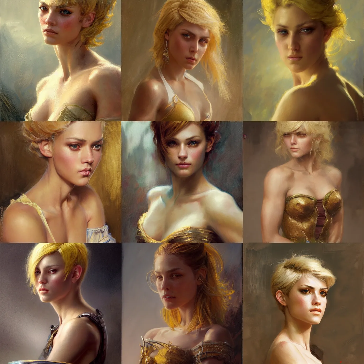 Prompt: portrait of a handsome young woman with short messy yellow hair, skinny muscular build, fantasy, highly detailed, sharp focus, highly detailed painting by gaston bussiere, craig mullins, j. c. leyendecker 8 k