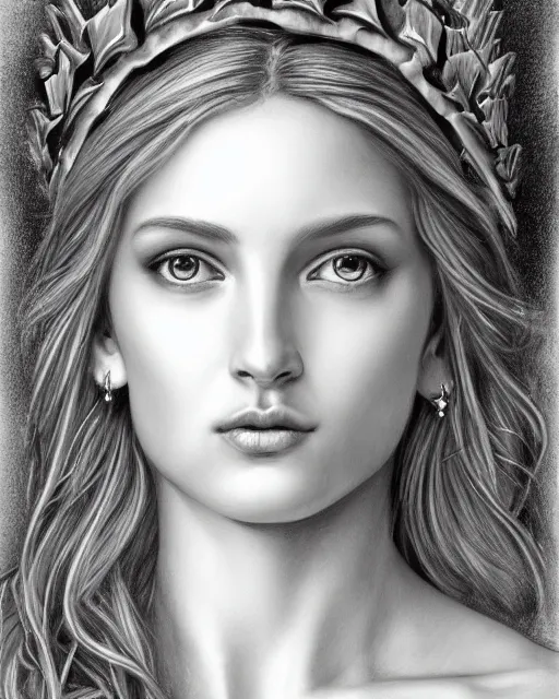 Image similar to long shot realism pencil drawing of the beautiful greek goddess aphrodite wearing a laurel wreath and arrowhead earrings, beautiful confident eyes, beautiful flowing hair, white god eyes, hyper realistic face, in the style of greg rutkowski, fantasy, amazing detail, epic, elegant, smooth, sharp focus, from the front