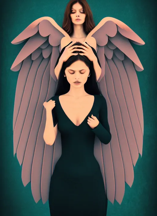 Image similar to beautiful women with wings holding her baby, latina, rule of thirds, haze, intricate, symmetrical!!, depth of field, cinematic, filmic, vsco, concept art, artstation, digital painting, elegant, model, gorgeous, vouge