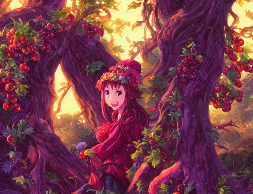 Prompt: berry priestess of the shortcake mountains. gouache by award - winning mangaka, chiaroscuro, intricate details, bokeh, backlighting, field of depth