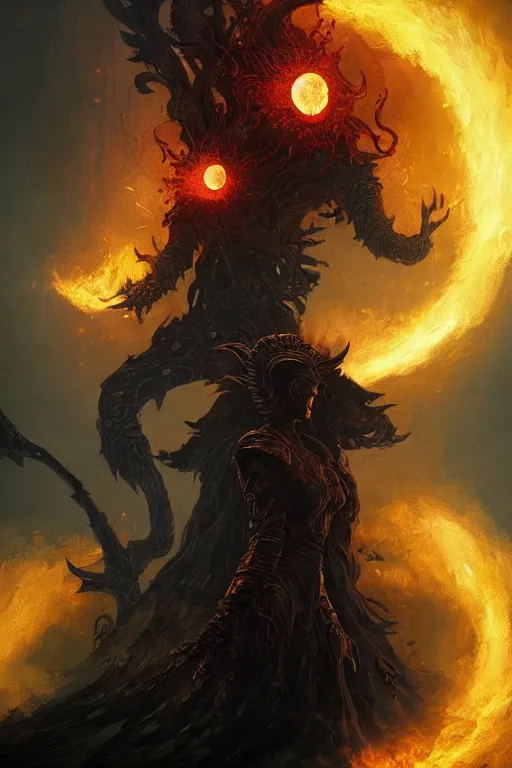 Image similar to Black Orb of Fire, digital art, fantasy, magic, trending on artstation, illustration by Seb McKinnon and Peter Mohrbacher, ultra detailed, atmospheric, powerful presence, bossfight, darksouls, grand finale