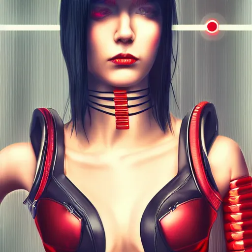 Image similar to realistic digital artwork of cyberpunk female wearing thick leather and steel collar, 4K, red highlights, symmetrical,