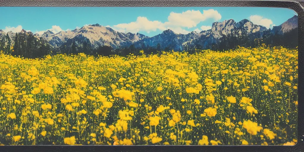 Prompt: colorful polaroid photograph of a valley full of yellow flowers, super detailed, panoramic photo