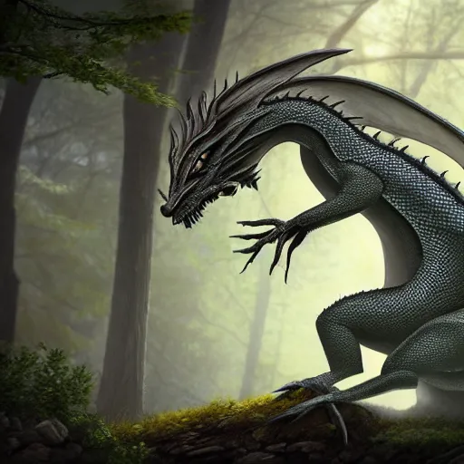 Image similar to peaceful dragon in a beautiful, misty forest, leaning over a steep hill, elongating its neck to sip water from the flowing, turbulent river, trending on artstation, intricately defined, complexly detailed, robustly ordinated, 4 k quality, digital art