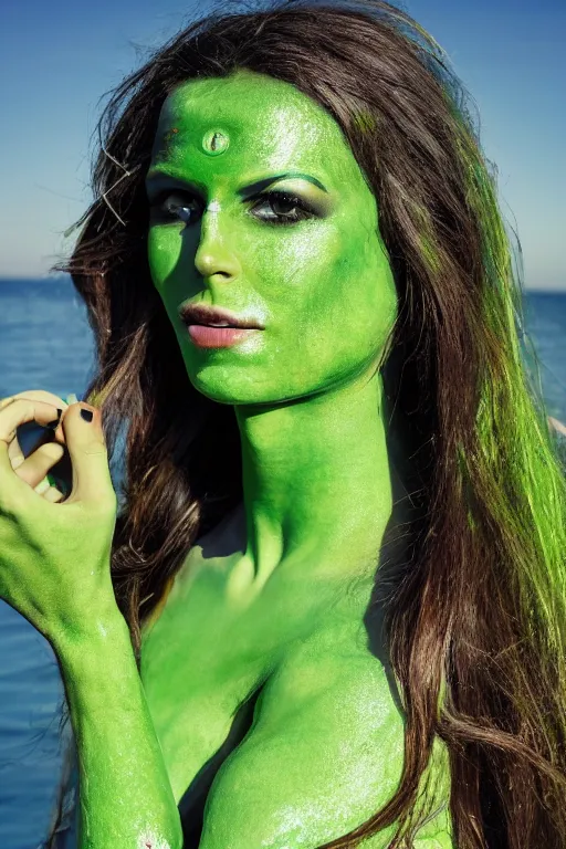 Prompt: a young italian woman dressed as a green-skinned verdan from DND standing on a beach, green body paint, high resolution film still, 8k, HDR colors, cosplay, outdoor lighting, high resolution photograph, photo by bruce weber, beautiful symmetric face
