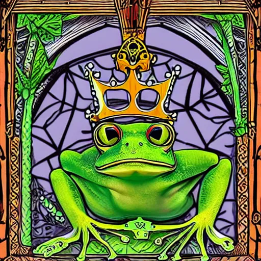 Image similar to frog, king of the jungle, ruler over all, gothic cathedral - g