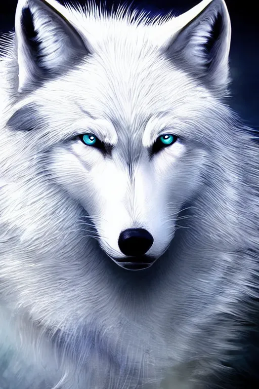 Prompt: white wolf with blue eyes, highly detailed, artstation,