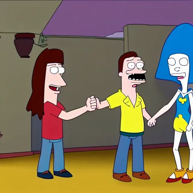 Image similar to ricky spanish high fiving ricky spanish in american dad animation style full cinematic scene, 4 k