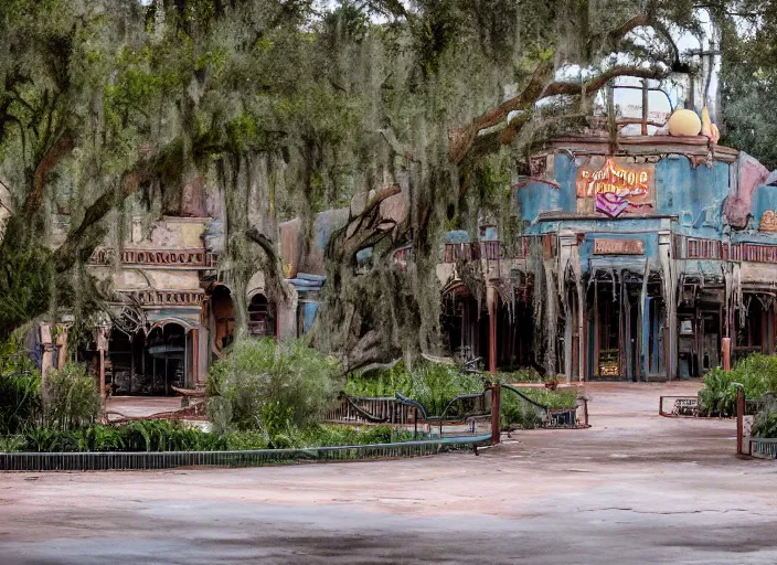 Image similar to cinematic shot of the outside of the Disney world park, shut down, abandoned, Florida, out of business, castle is falling apart and rusted, got shut down, kids place, liminal spaces, backrooms, empty, overgrown with weeds, crumbling castle, destroyed castle, completely obliterated, Disney world, Disney land, theme park, roller coasters, Disney, old and dirty, water damage, garbage