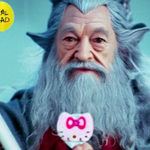 Image similar to portrait of gandalf as Hello Kitty, holding a blank playing card up to the camera, movie still from the lord of the rings