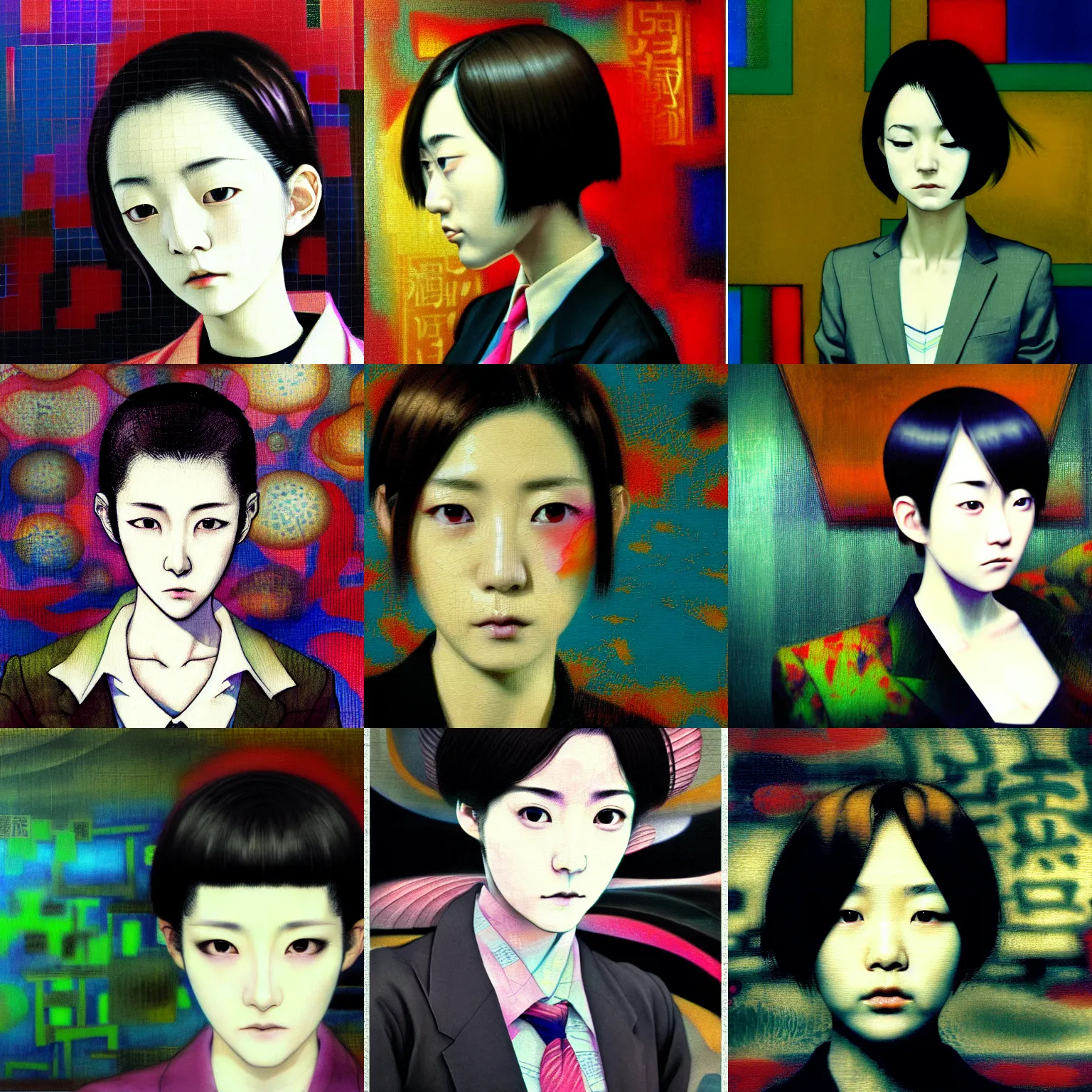 Prompt: yoshitaka amano blurred and dreamy realistic three quarter angle portrait of a young woman with short hair and black eyes wearing office suit with tie, junji ito abstract patterns in the background, satoshi kon anime, wong kar - wai color palette, noisy film grain effect, highly detailed, renaissance oil painting, weird portrait angle, blurred lost edges