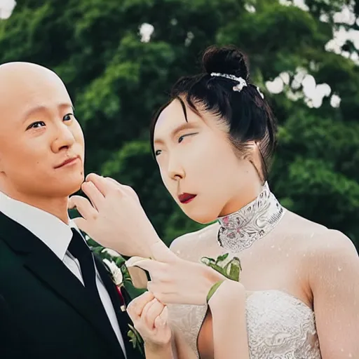 Image similar to saitama one punch man instagram couple's wedding photo shoot, perfect faces