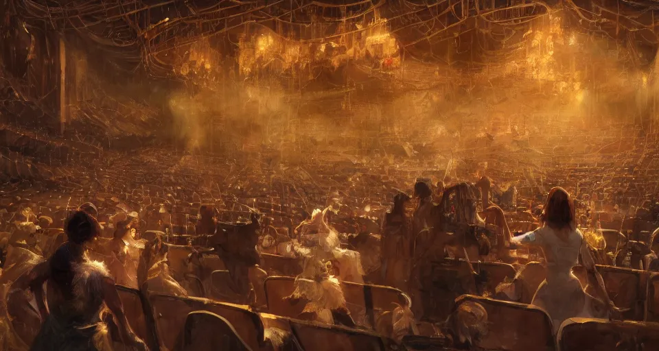 Image similar to craig mullins and ghibli digital art of inside the theater, on the stage, masked female violinists, exotic costumes, gold jewelry, black hair, solo performance hyper realism, realistic shading, cinematic composition, realistic render, octane render, detailed textures, photorealistic, wide shot